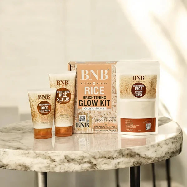 5-in-1 BnB Rice Whitening & Glowing Facial Kit – Sunscreen, Face Wash, Scrub, Mask & Glow Serum