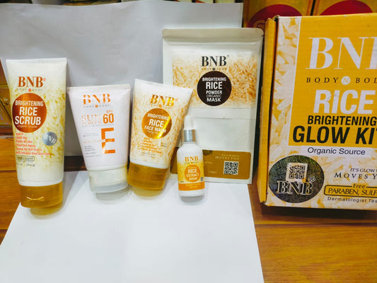 5-in-1 BnB Rice Whitening & Glowing Facial Kit – Sunscreen, Face Wash, Scrub, Mask & Glow Serum